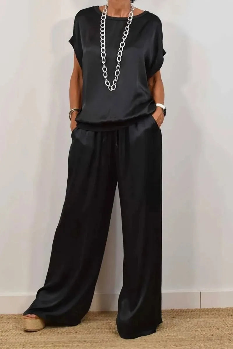 Casual Loose Satin T Shirt Pants Two Piece Sets Women Fashion O-Neck