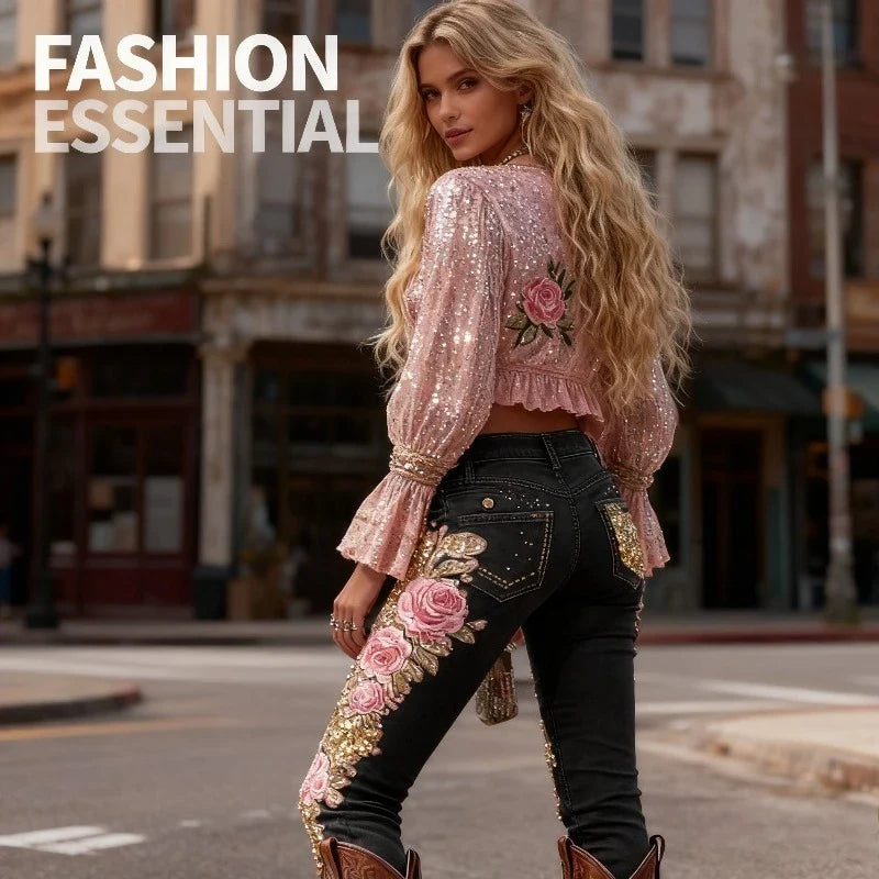 3D Floral Women's Straight Leg Jeans Fashionable and Casual Stretch