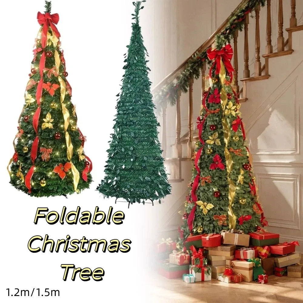 Pre-Decorated Pop-Up Christmas Tree Warm White Lights Gold Ornaments Folding Christmas Tree Easy Assembly Space-Saving