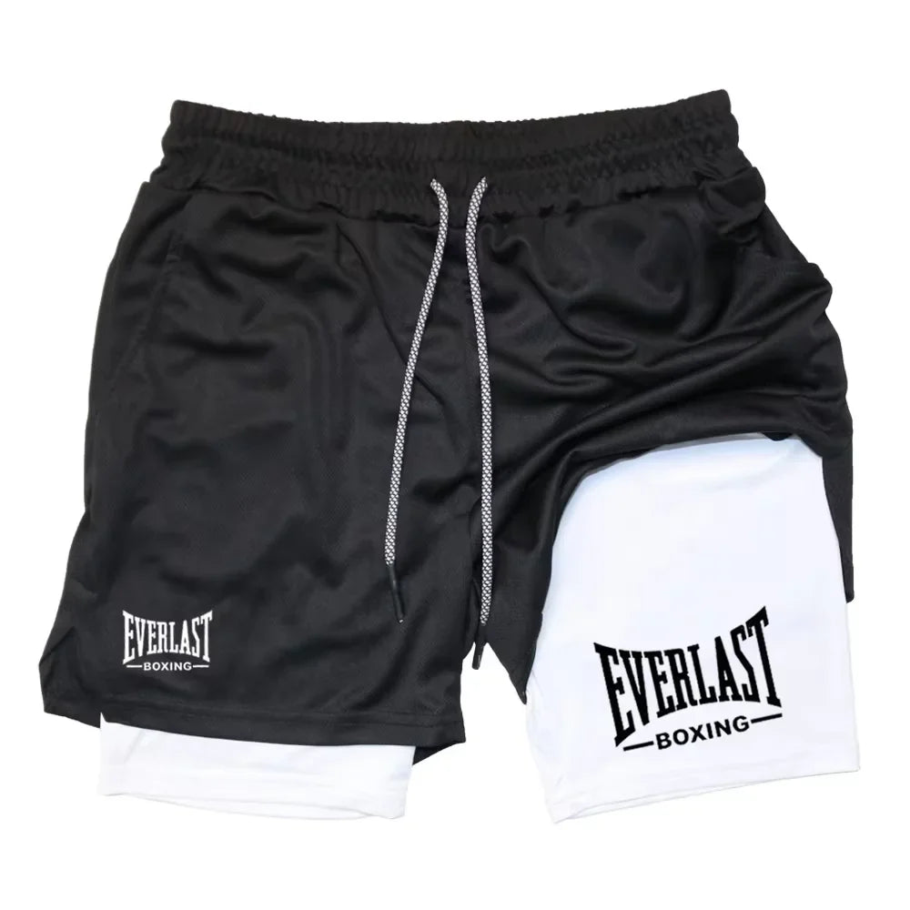 Men's compression gym shorts, EVERLAST printed sports pants, double layered, quick drying, basketball, muscle, fitness