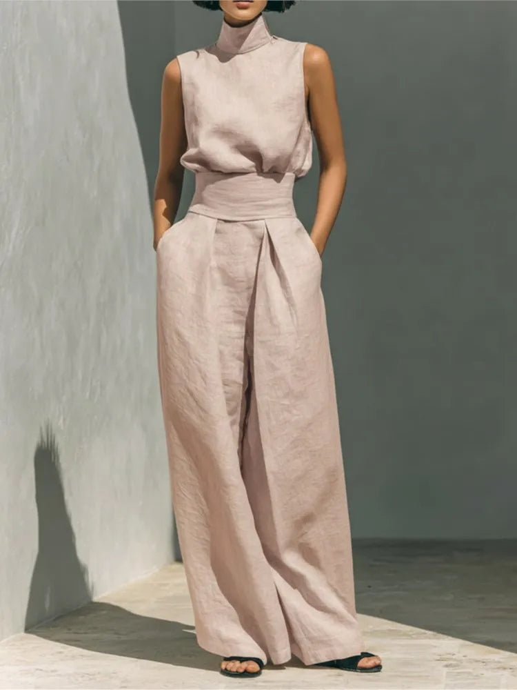 Casual Solid Cotton Linen Two-Piece Set for Women Sleeveless