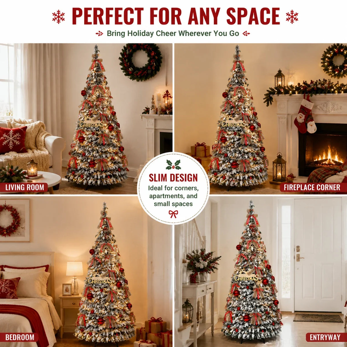 Foldable Christmas Tree with LED Lights Snow Flocked Artificial Xmas Tree Slim Space Saving Party Home Holiday Decoration