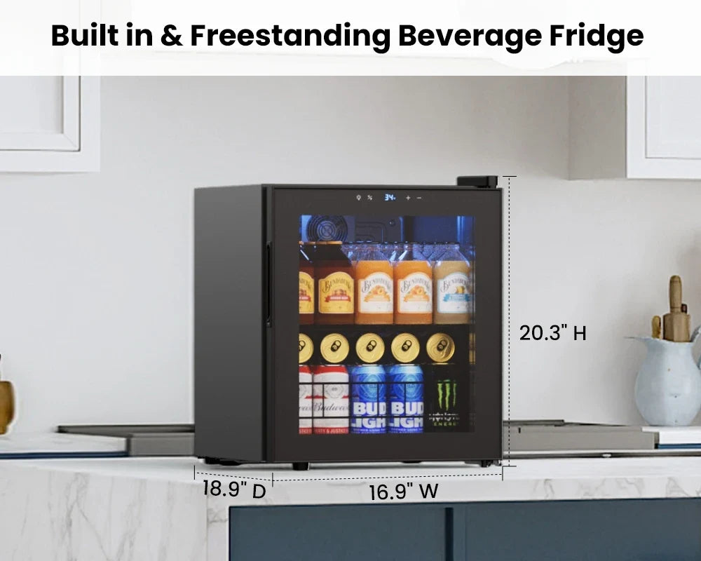60 Cans Beverage Refrigerator 46L Mini Drink Cooler 1‑12℃ Electronic Temperature Control Glass Door Right Open For Home Bar Commercial Use