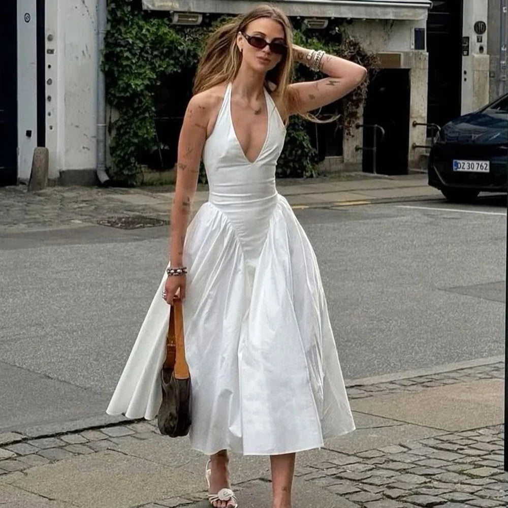 Talenza Backless Deep V Spliced Long Dress Summer Women's Sexy Party Dress Halter New Fashion Slim White Sleeveless Long Dress