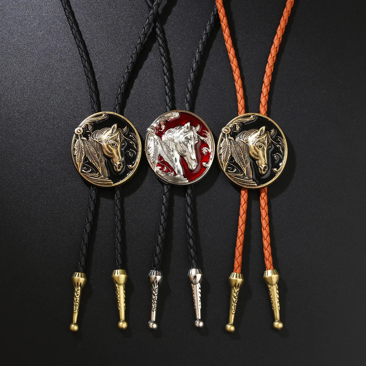 2026 New Western Horse Head Relief Bolo Tie with Braided Leather Cord & Metal Tips Vintage Cowboy Necklace Adjustable Necktie