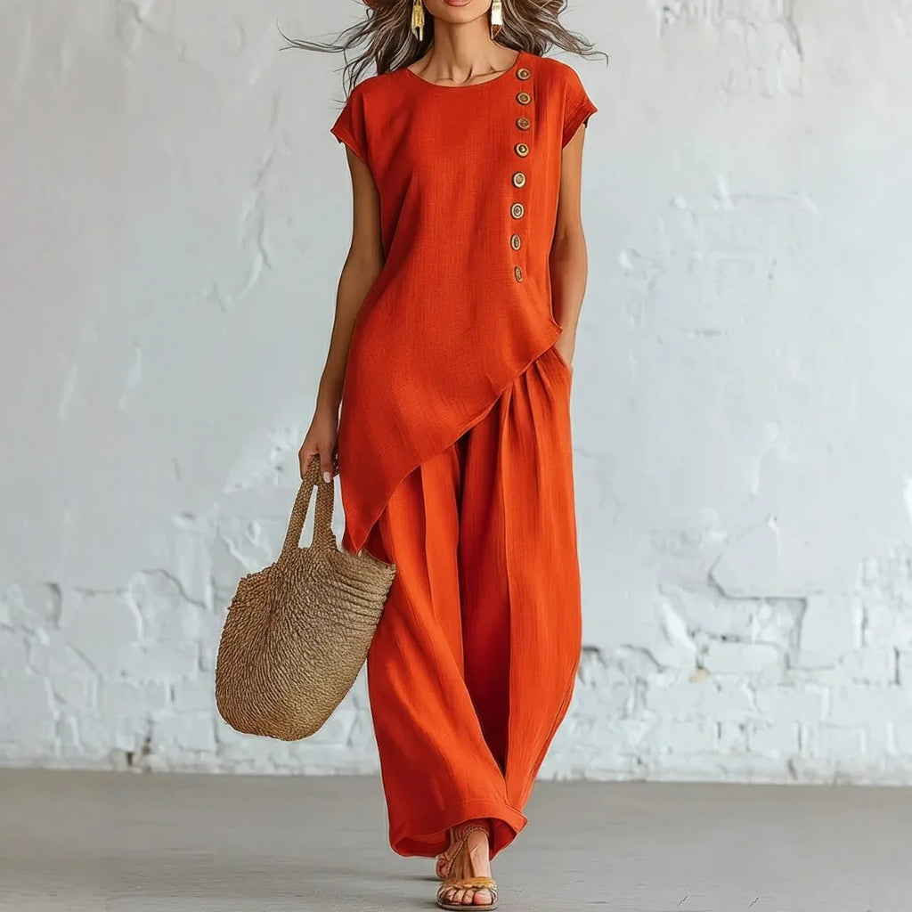 Women 2 Piece Set Elastic Waist Pocket Button Decorate Wide Leg