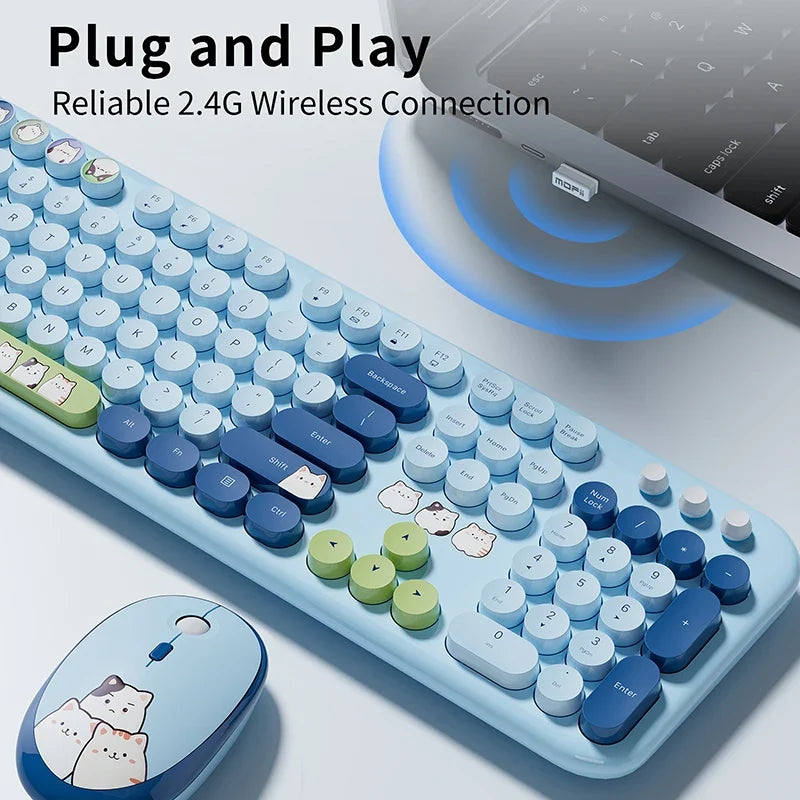 JOMAA™ Retro Cute Cat Wireless Keyboard & Mouse Combo – 104 Keys, Round Keycaps, 2.4GHz, Ergonomic, Auto Sleep, Multi-Language, Beige & Blue | FlipStylez LLC®