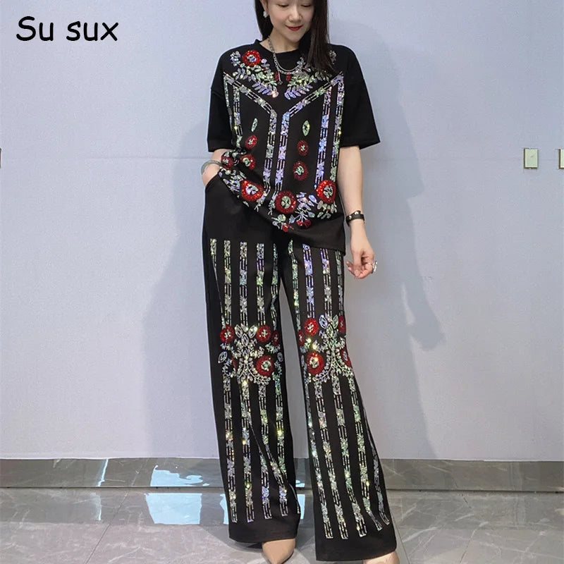 Summer Sequins Flower Short Sleeve T Shirt & Wide Leg Pant Sets Woman