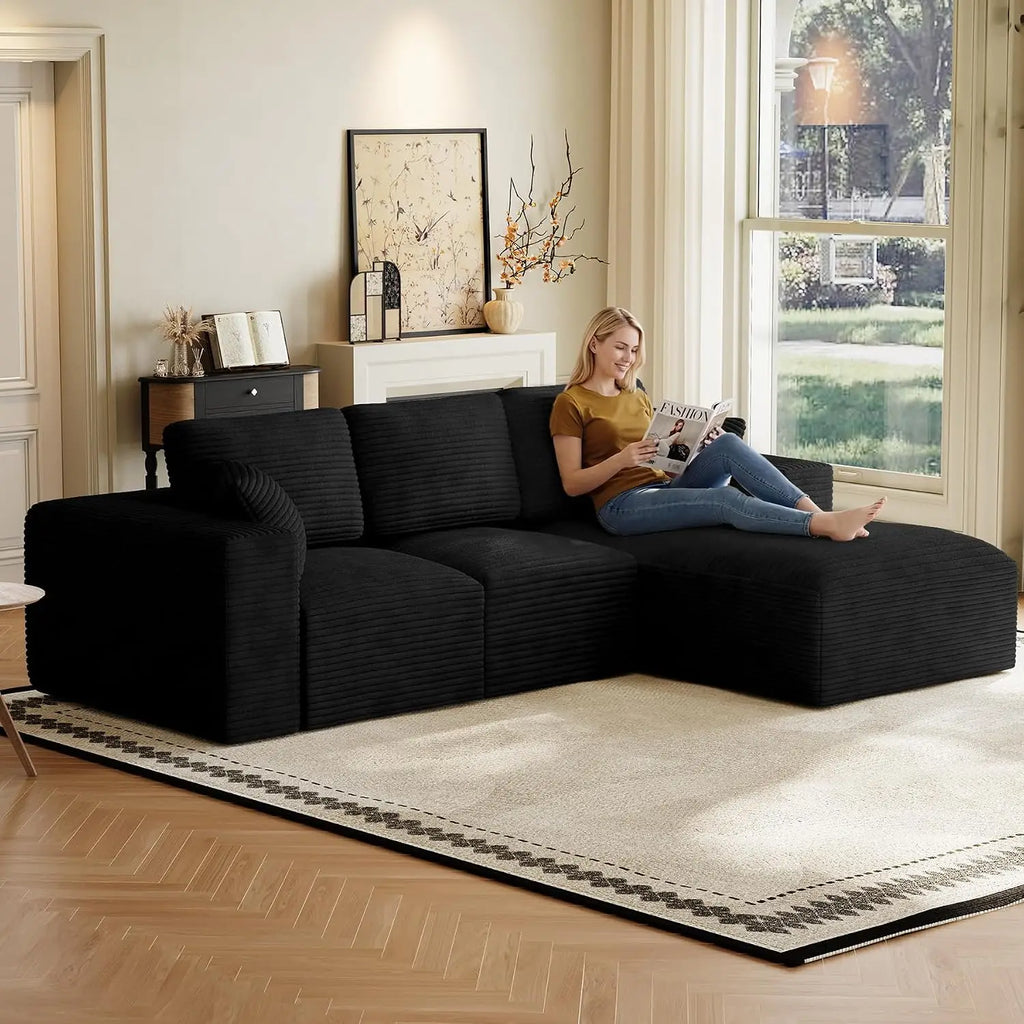109" L-Shaped Cloud Boneless Couch Sofa with Chaise, Black, Custom