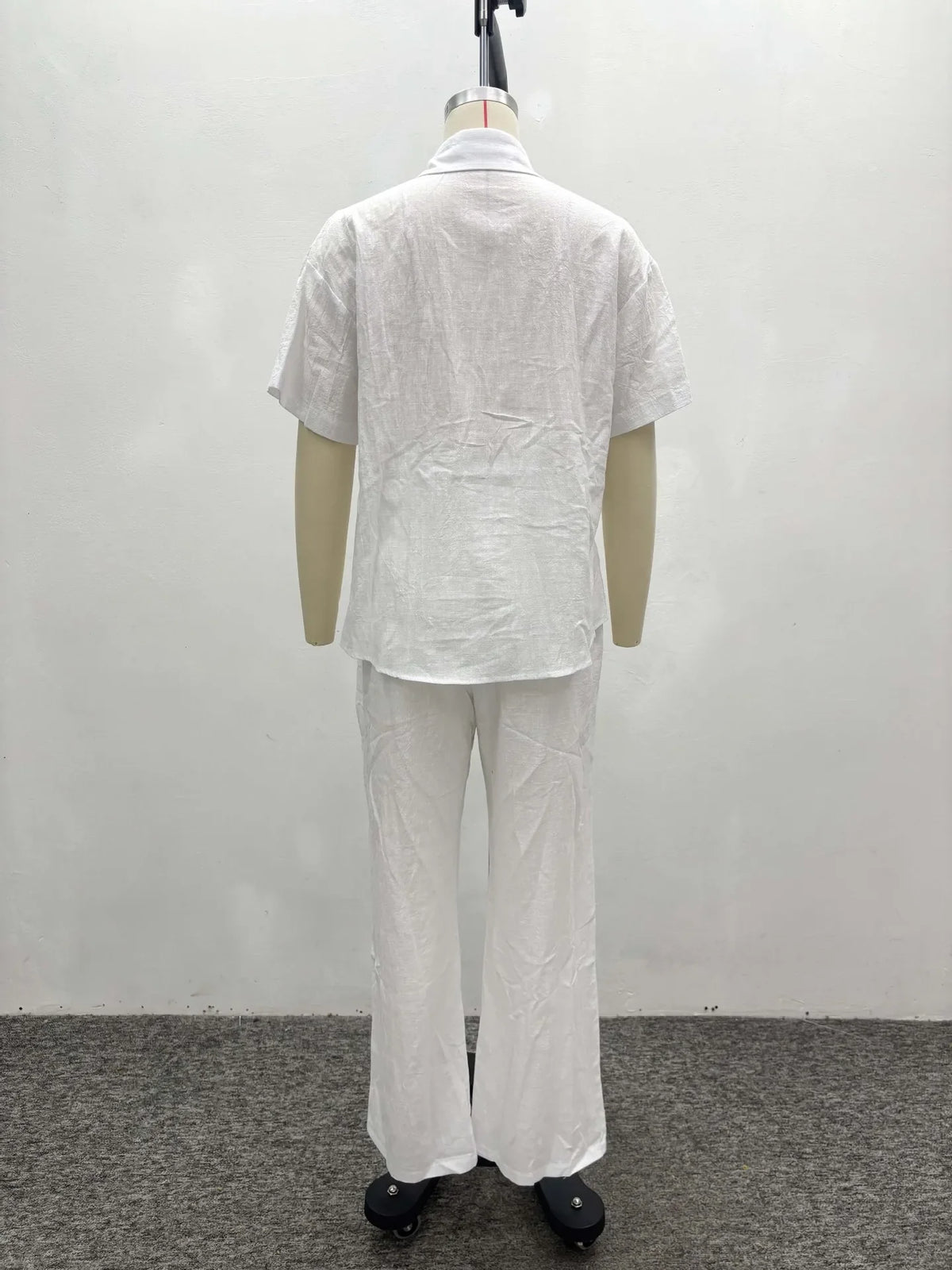 Women Casual Two Piece Pant Set Short Sleeve Turn Down Collar Shirts Top and High Waist Loose Wide Leg Pant Matching Set 2025