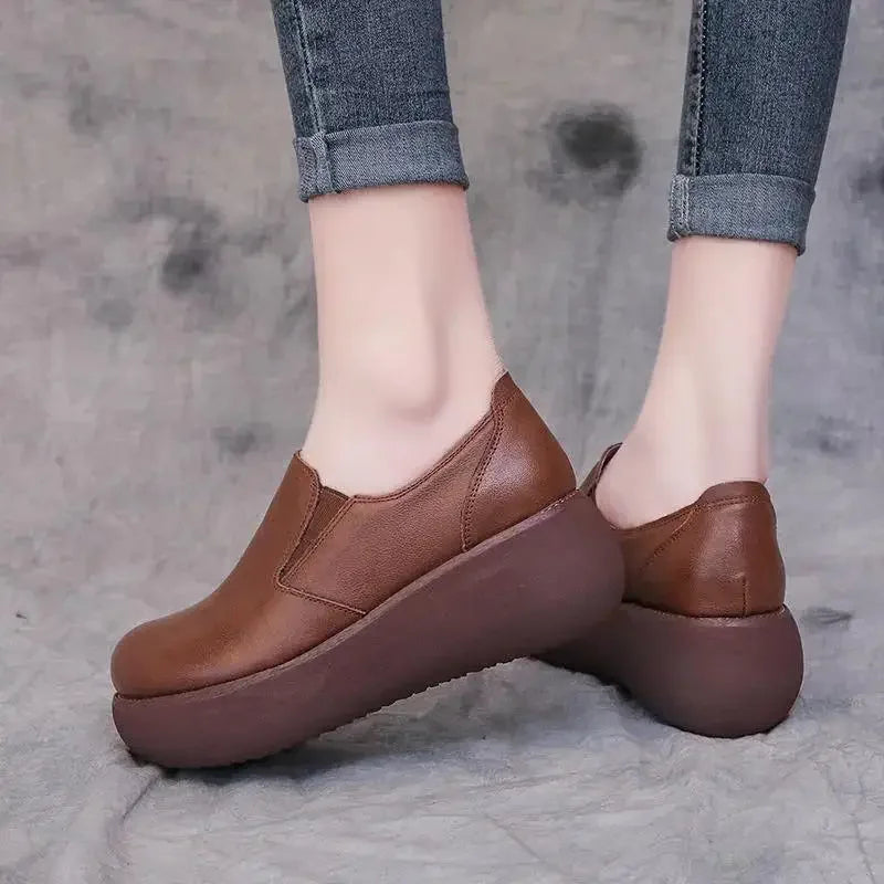 Leather Wedges Shoes Loafer Round Toe Platform Pumps Slip on Leisure