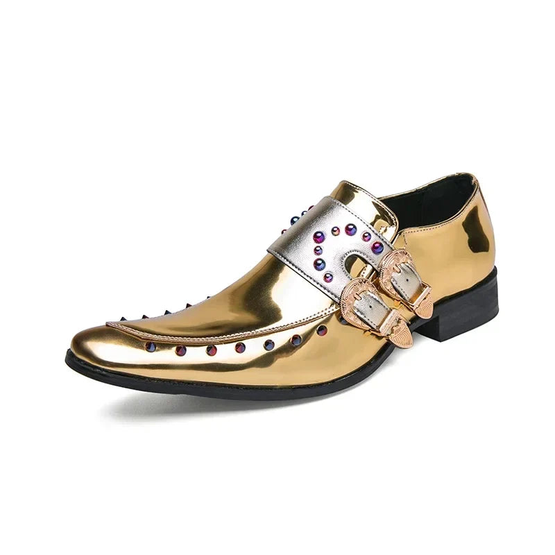 New Gold Men Dress Shoes Rivet Breathable Square Toe Double Buckle