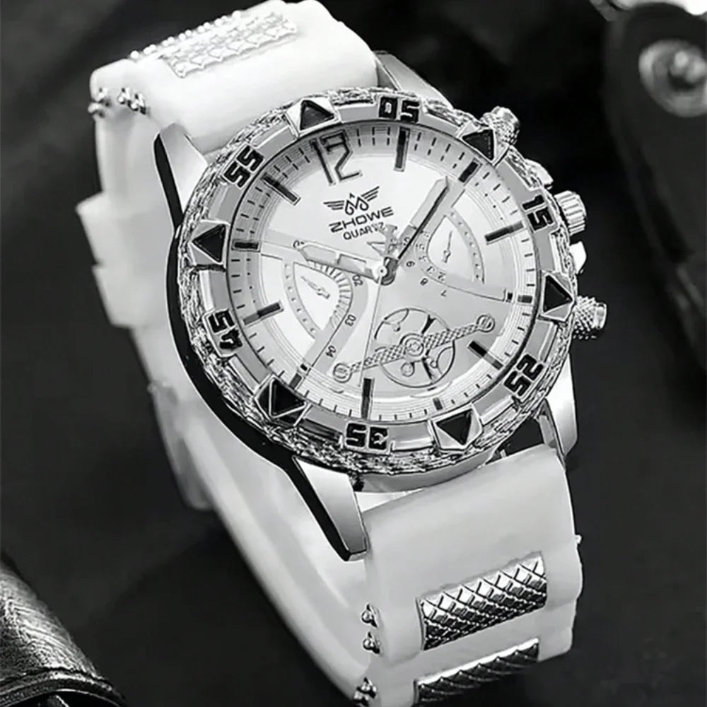 Business 2PCS Men's Fashion casual Luxury Silicone Band Diamond Quartz Bracelet Wrist Watch set（Box Not Included ）