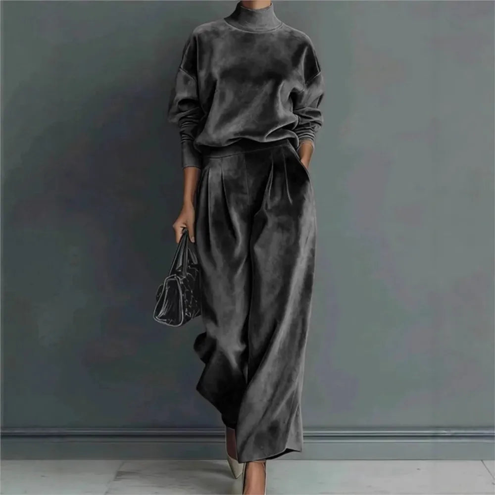 Autumn Winter Fashion High Collar Gold Velvet Long Sleeve Women's Suit