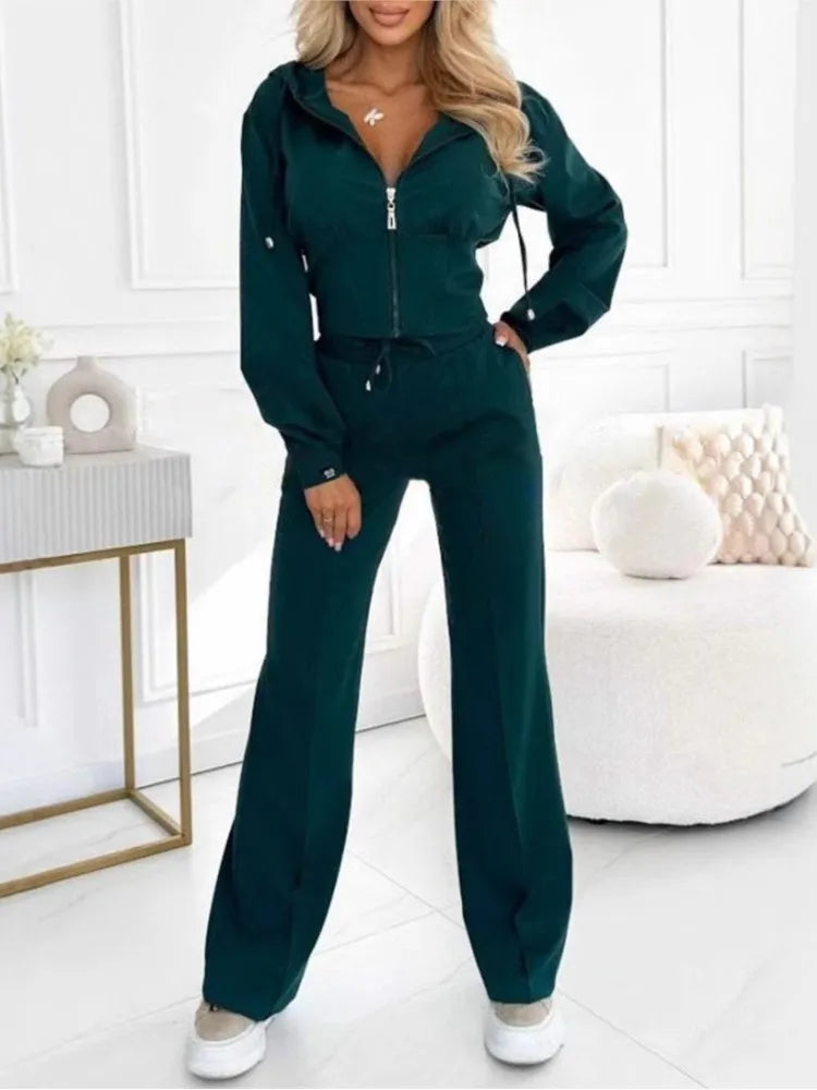 Autumn Winter Hooded Zipper 2 Piece Sweatsuit Women Casual Sets