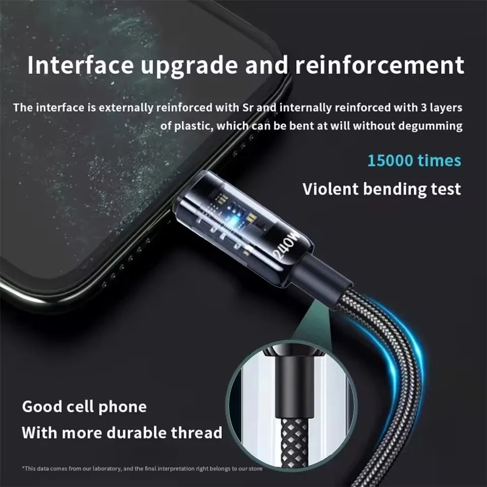 240W Nylon USB Type C Super Fast Charging Cable for Samsung Xiaomi