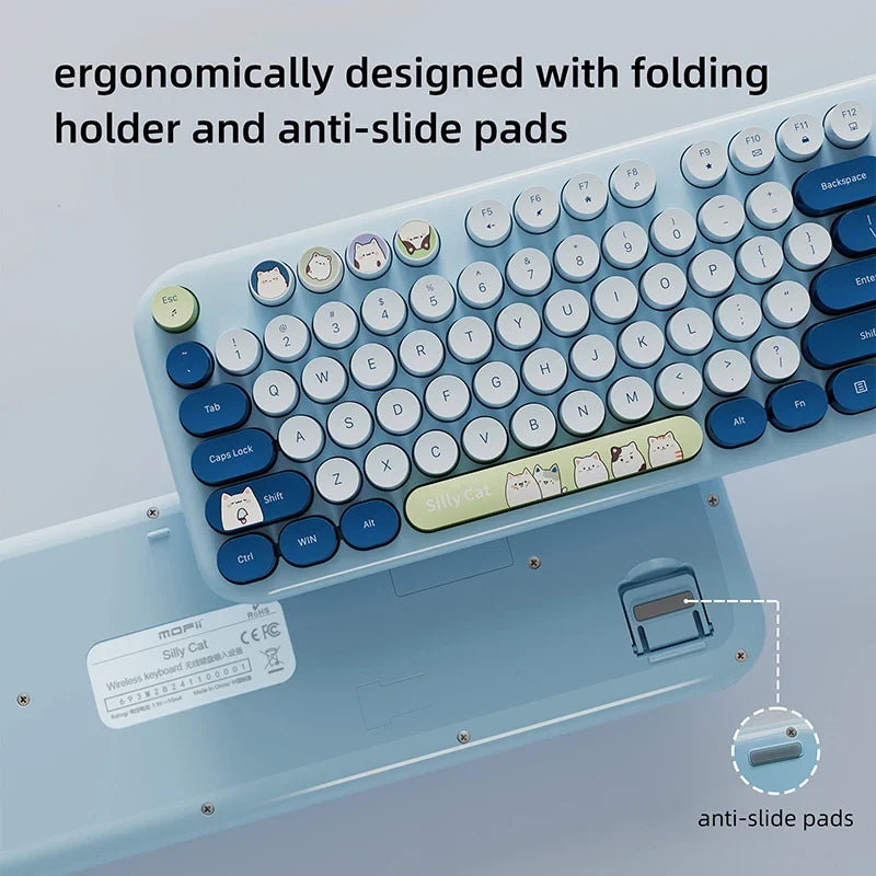 JOMAA™ Retro Cute Cat Wireless Keyboard & Mouse Combo – 104 Keys, Round Keycaps, 2.4GHz, Ergonomic, Auto Sleep, Multi-Language, Beige & Blue | FlipStylez LLC®