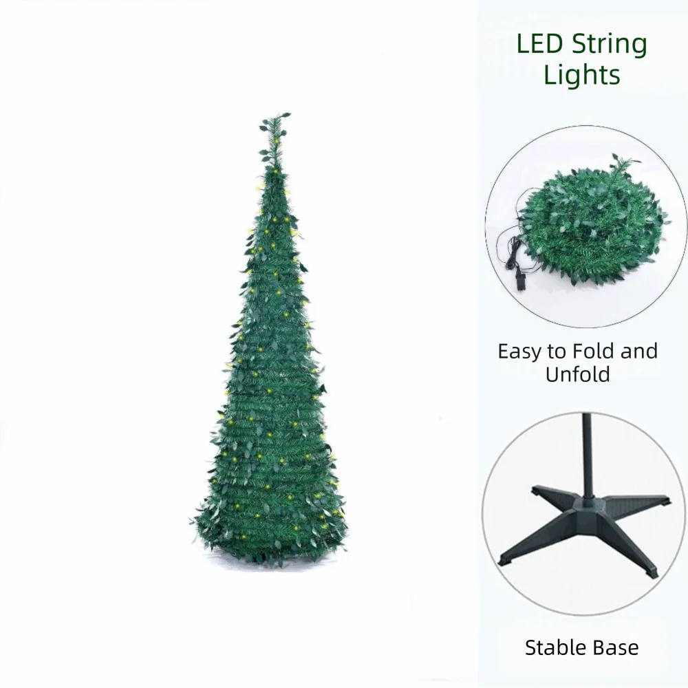 Pre-Decorated Pop-Up Christmas Tree Warm White Lights Gold Ornaments Folding Christmas Tree Easy Assembly Space-Saving