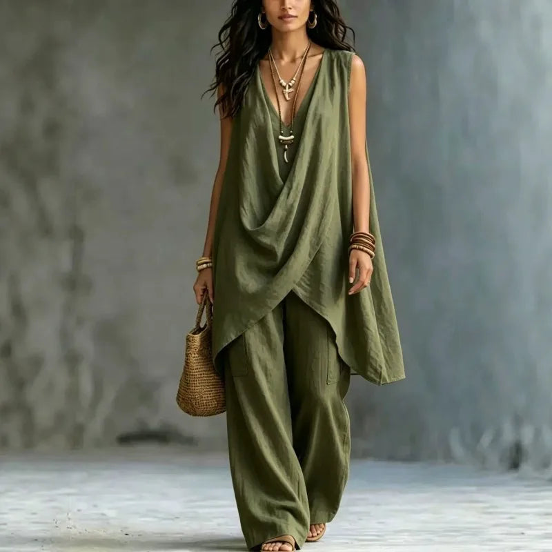 Summer Linen Cotton Sleeveless Stand Collar Set Women Casual Loose Fit