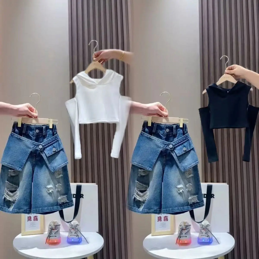 Girls' Set 2026New Mid sized Children's Short sleeved T-shirt Children's Fashionable Girls' Cowboy Five point Shorts 2 piece Set