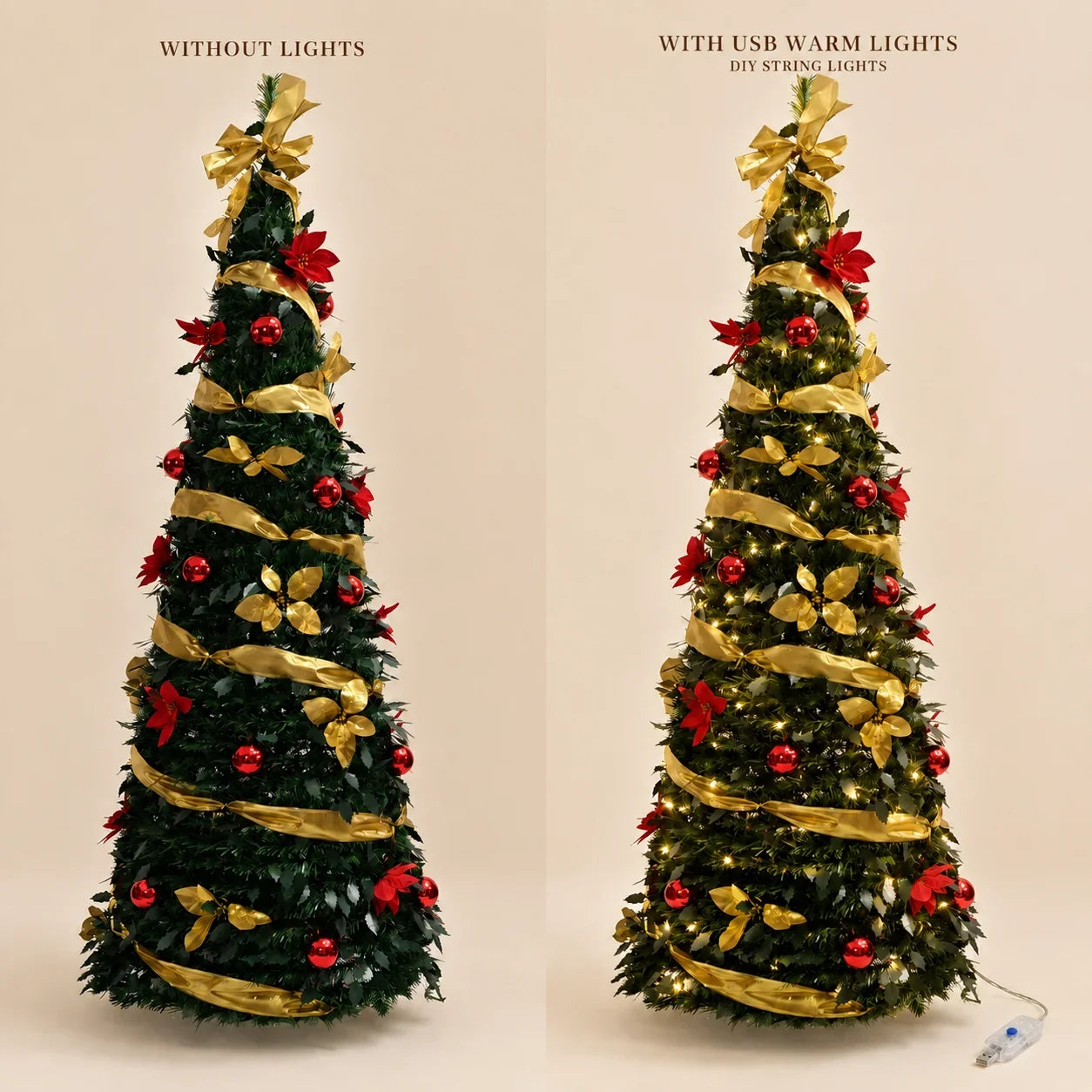 Green PVC Christmas Tree 1.5/1.8/2.1M Pre-Decorated Bow Topper Flowers,Foldable Xmas Tree Optional USB Lights Holiday Home Decor
