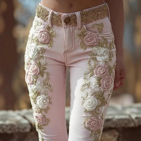 Womens Vintage Pink Rose Embroidery Art Print Jeans Elegant Casual Trousers High Waist Fashion Pants