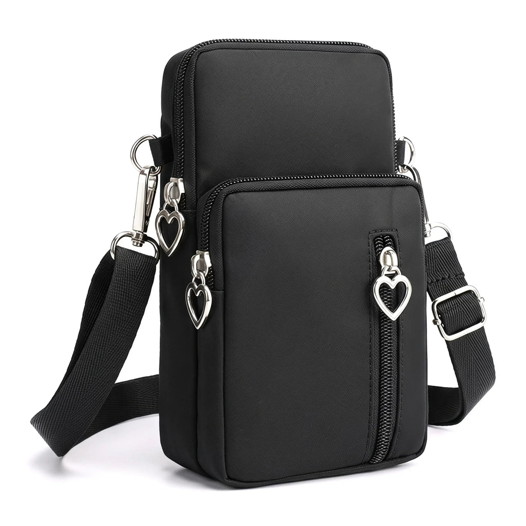 Waterproof Nylon Mini Crossbody Phone Bag for Women Heart Metal Zipper Multi Compartment Shoulder Arm Bag Phone Purse Wallet