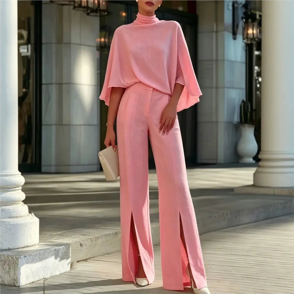Autumn Women's Half Turtleneck Shawl Top Fashion Slit Wide Leg