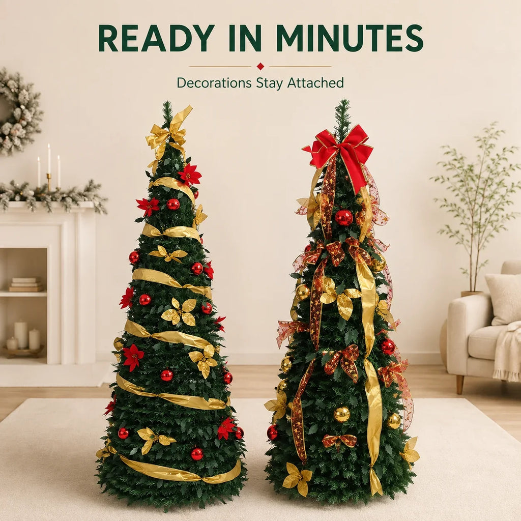Retractable Foldable Pre‑decorated Christmas Tree with Ornaments Space Saving Storage Xmas Decoration for Holiday Indoor Gift