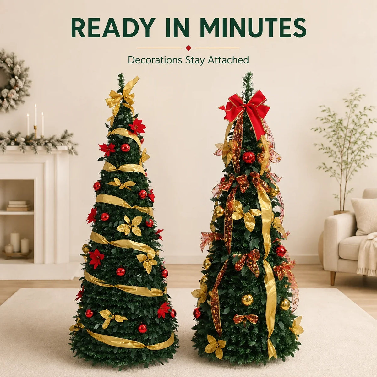 Retractable Foldable Pre‑decorated Christmas Tree with Ornaments Space Saving Storage Xmas Decoration for Holiday Indoor Gift