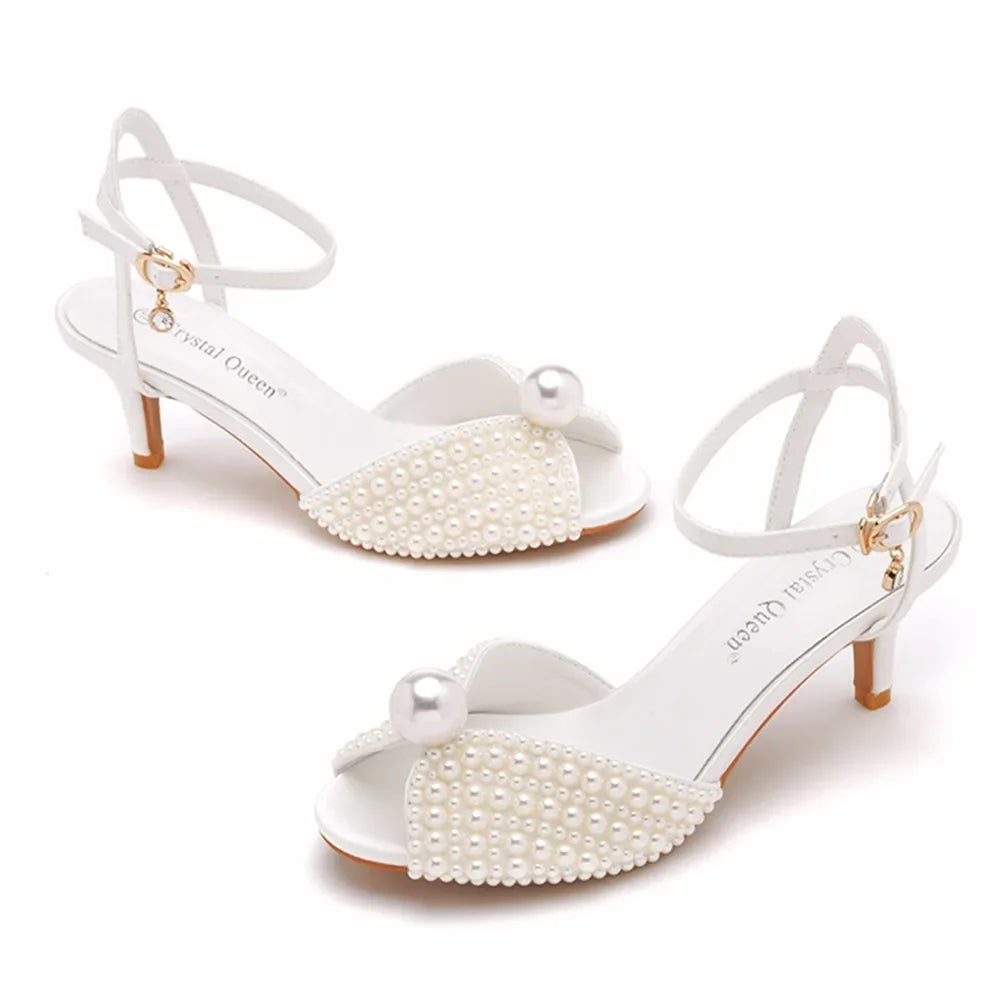 Maogu 6cm Fish Mouth High Heeled Sandals Buckle Wedding Bride Luxury Designer Shoes Heels Pearl Sandal Ladies Shoe Large Size 43