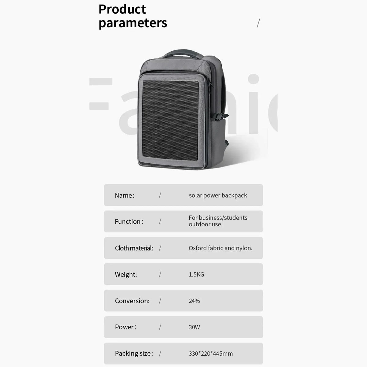 Solar Charging Backpacks 30W Solar Panel 44x32x17CM 35L Oxford Cloth Lightweight Waterproof Zipper Bag Outdoor Bag Accessories