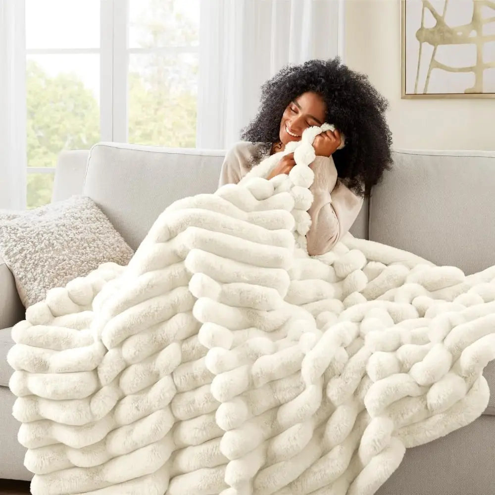 Ultra Soft Faux Rabbit Fur Throw Blanket Warm Plush Striped Blankets Conditioning Quilt Fluffy Throws for Couch Chair Sofa