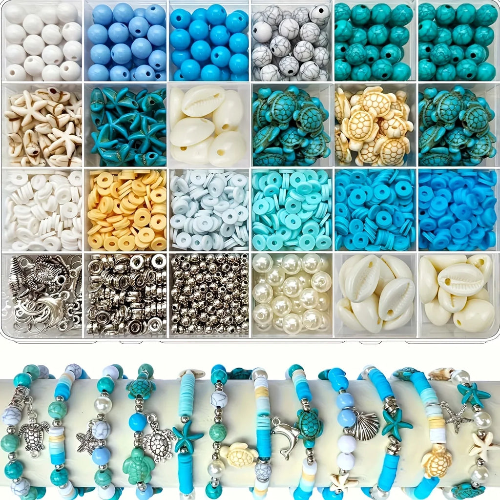1860pcs Sea Blue and White Beads Paired with Sea Turtle and Starfish