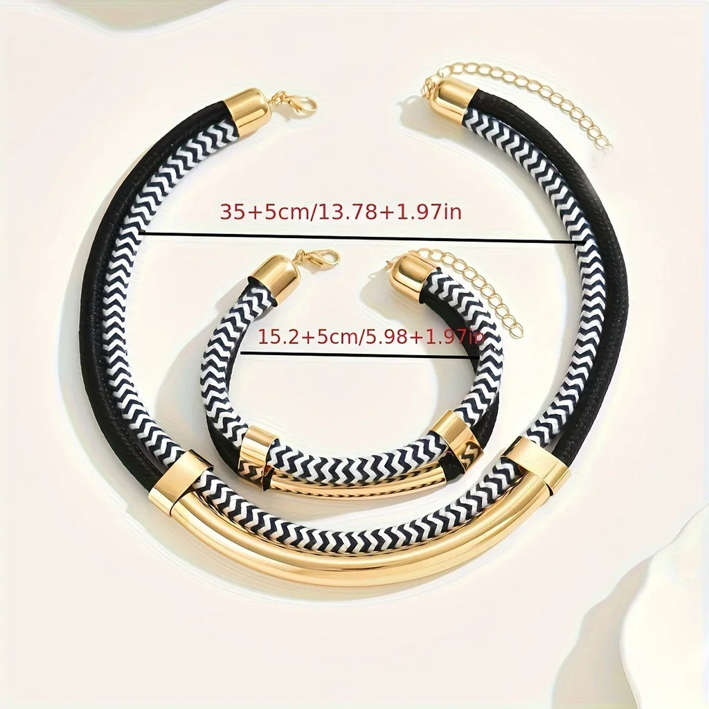 2PCS Set New Fashion Black and White Thick Double Line Metal Tube