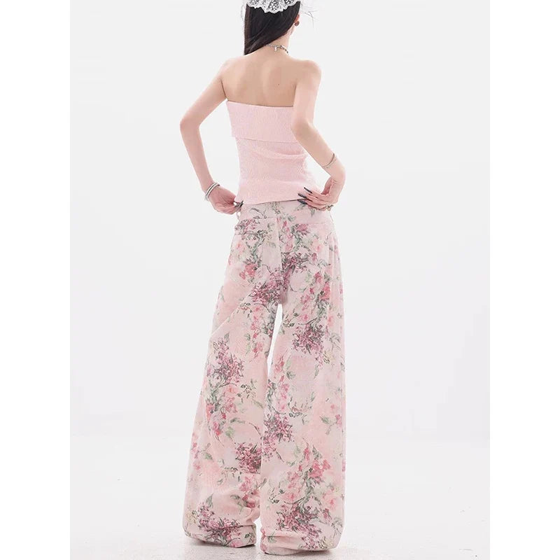 New Women Chinese Style Pink Embroidered Jeans Summer Casual Wide Leg Floor Length Pants with Printed Design