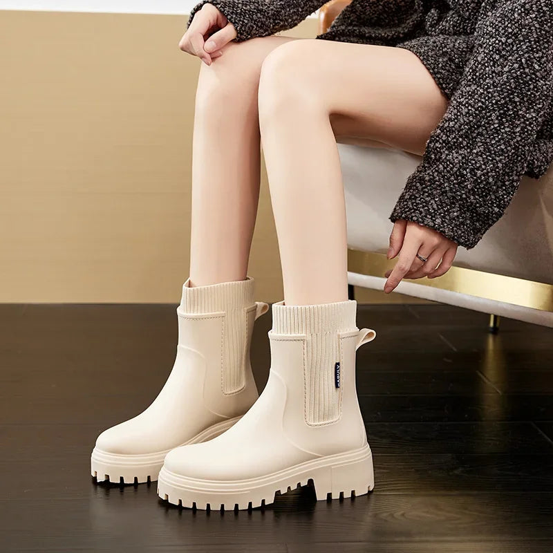 Rain boots women's four seasons fashion outdoor mid-tube waterproof non-slip rubber shoes fashion rain boots with cotton cover