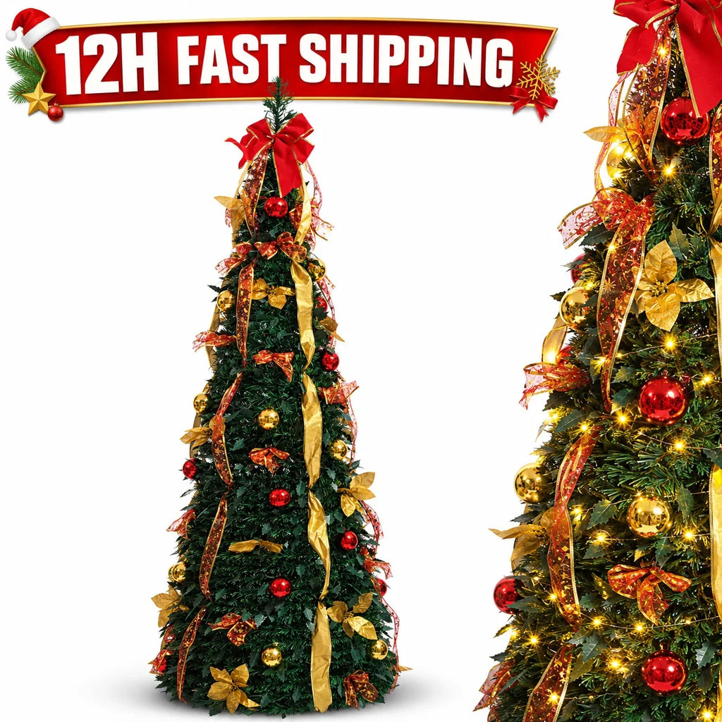 Pre Decorated Foldable Christmas Tree Artificial PVC Xmas Tree 5FT 6FT 7FT with Ornaments Space Saving Design LED Light Option