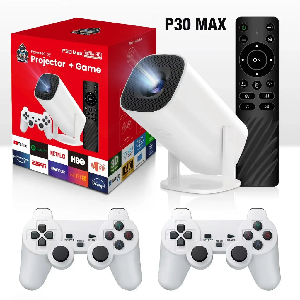 3D Game Projector P30MAX Retro Video Game Console Wireless Controller 4K ULTRA HD Plug and Play Android11 BT5.0 720P Home Cinema