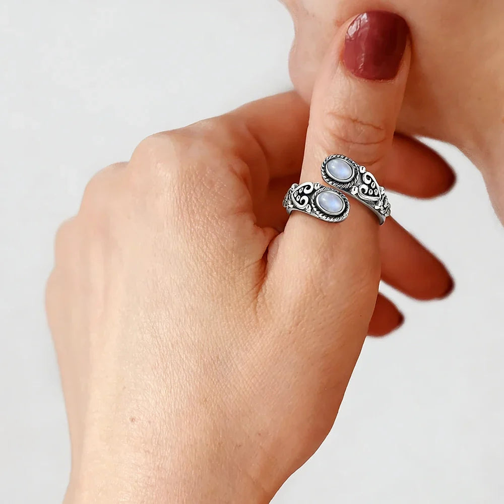 925 Vintage Silver Ring with Natural Moonstone 6*8mm Adjustable Rings