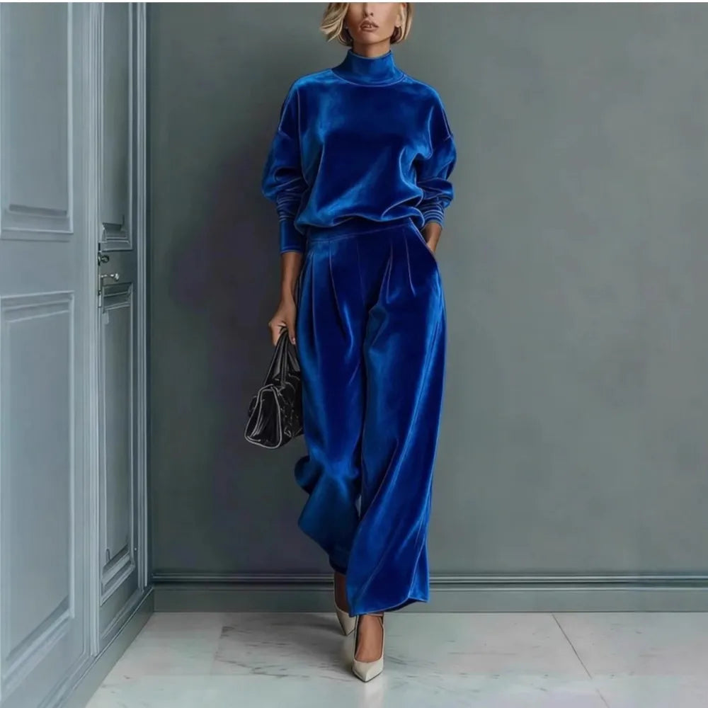 Autumn Winter Fashion High Collar Gold Velvet Long Sleeve Women's Suit