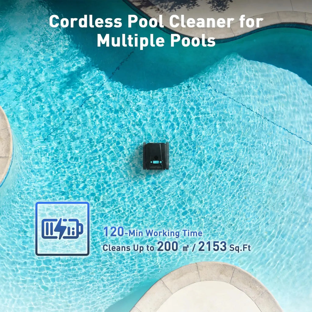 Cordless robotic pool cleaner for above-ground and in-ground pools; features automatic parking; maximum cleaning coverage of 19.8 meters / 1,100 square meters (tracked model).