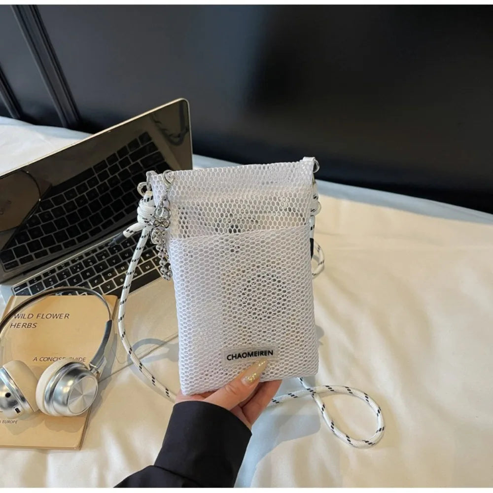 Cute Korean Nylon Mesh Wallet Teenager Hollow Shoulder Purse Bags Crossbody Solid Color Mobile Phone Bag Travel