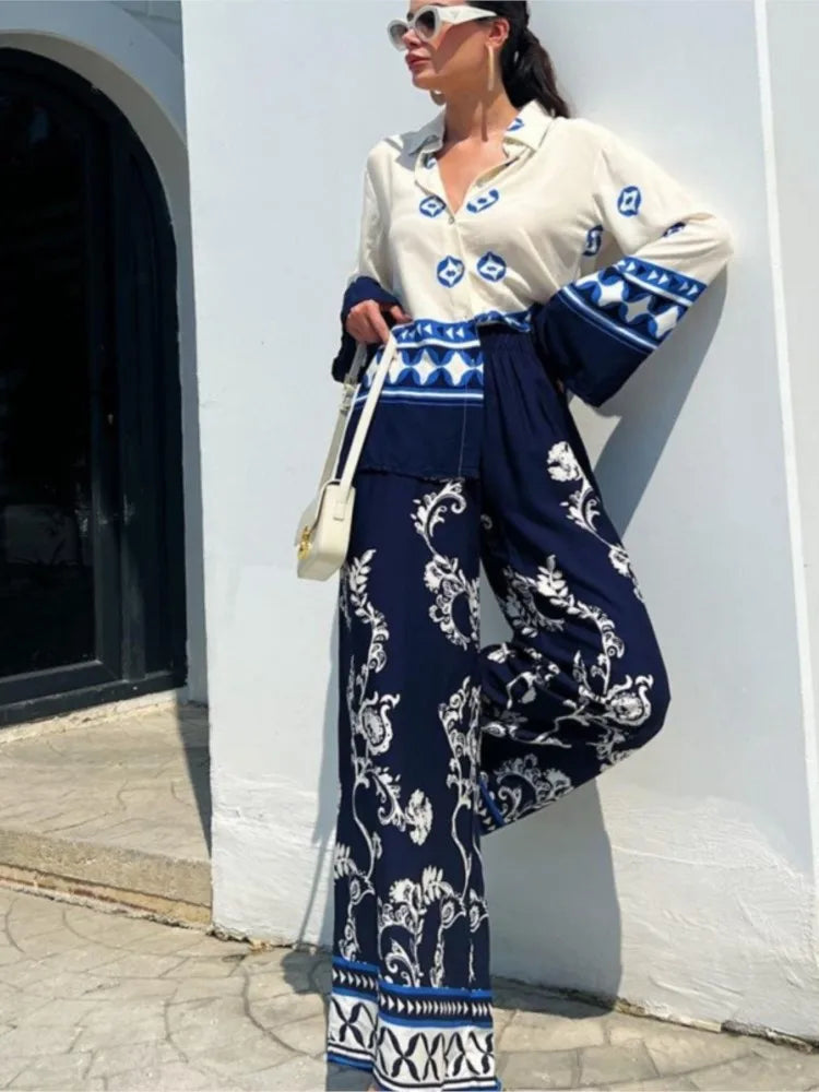 Spring New Printed Pants Sets Women Fashion Casual Loose Long Sleeve