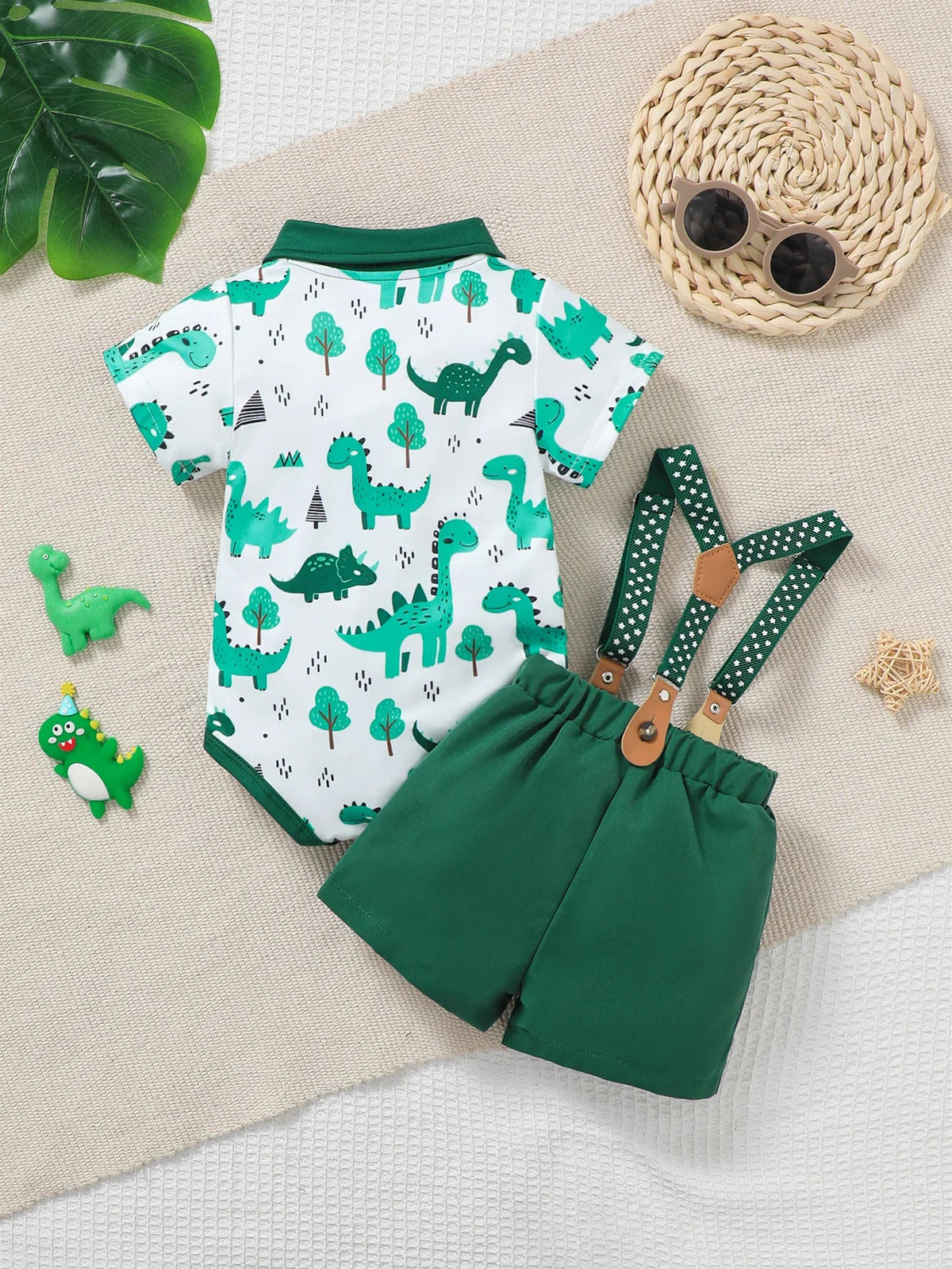 Baby Boy Summer Outfit 2-Piece Set Cartoon Dinosaur Print Polo Short