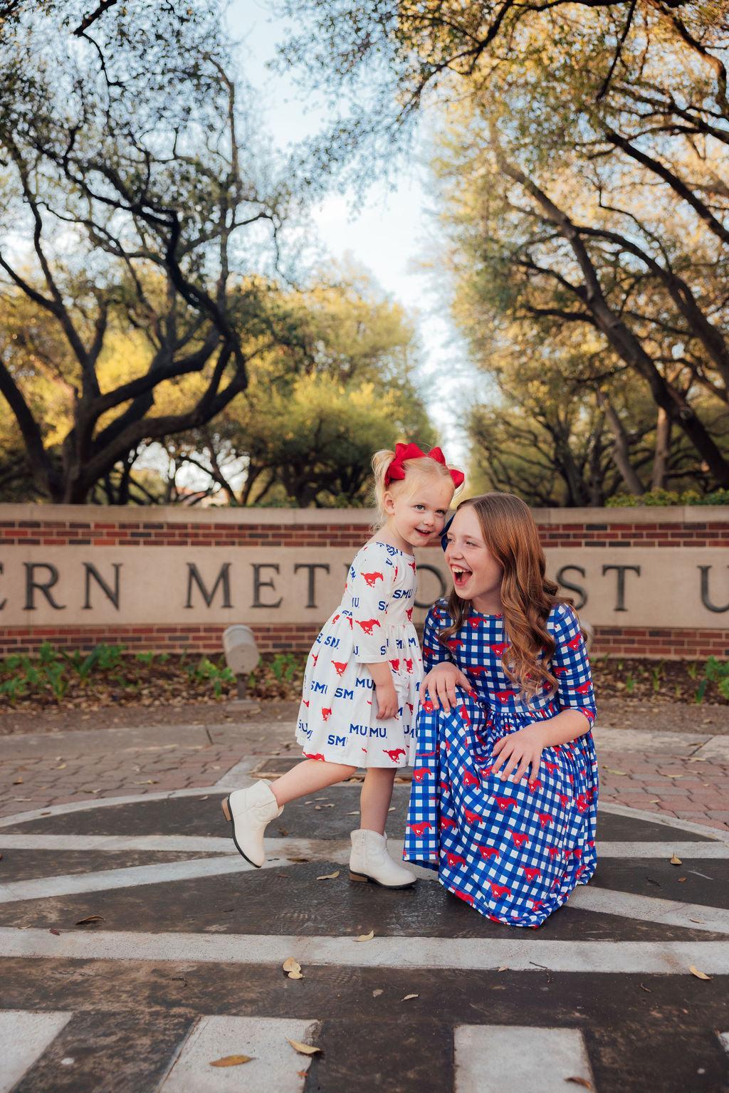 SMU Plaid Mustang 3/4 Sleeve Pocket Twirl Dress