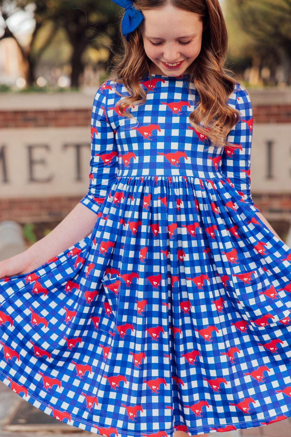 SMU Plaid Mustang 3/4 Sleeve Pocket Twirl Dress