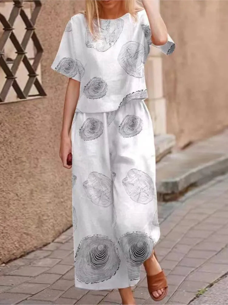 Autumn New Women's Fashion Printed Cotton Linen Plant Flower Three