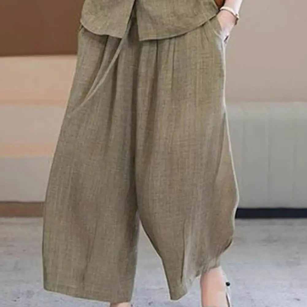 Plus Size Casual Suit Women 2 Piece Cotton Linen Sets, Button Down