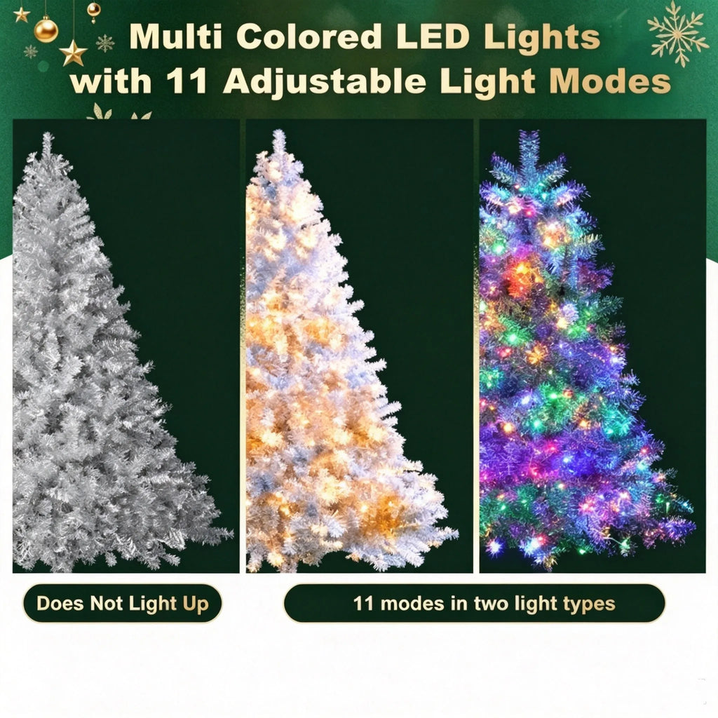 6FT Sliver Pre-Lit Artificial Christmas Tree Hinged Full Tree with Metal Stand 800 Branch Tips 300 LED Lights 11 Lighting Modes Holiday Decoration Tree for Indoor and Outdoor